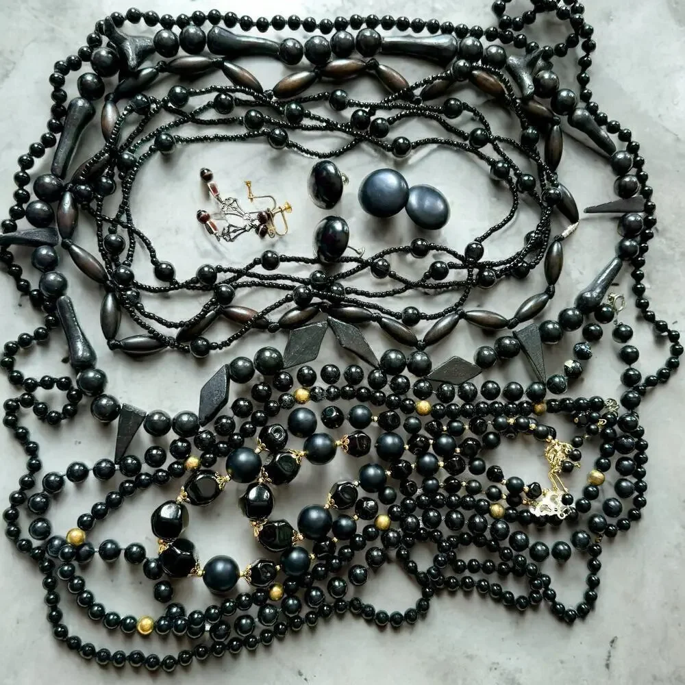 10 Black Beaded Necklace and Earring Lot Glass, Wood, Plastic Vintage 1950’s+